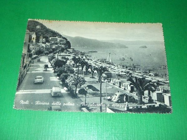 Cartolina Noli - Via Aurelia e spiaggia 1958