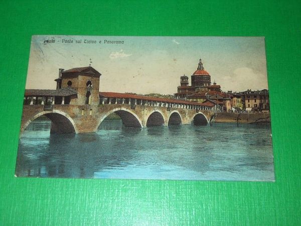 Cartolina Pavia - Ponte sul Ticino e Panorama 1915