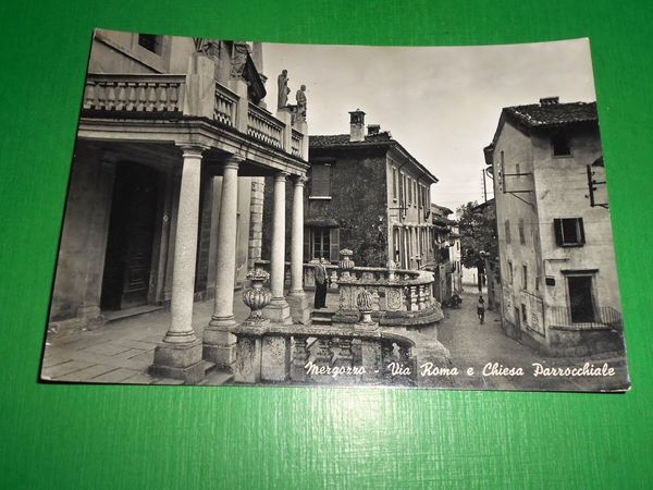 Cartolina Mergozzo - Via Roma e Chiesa Parrocchiale 1955
