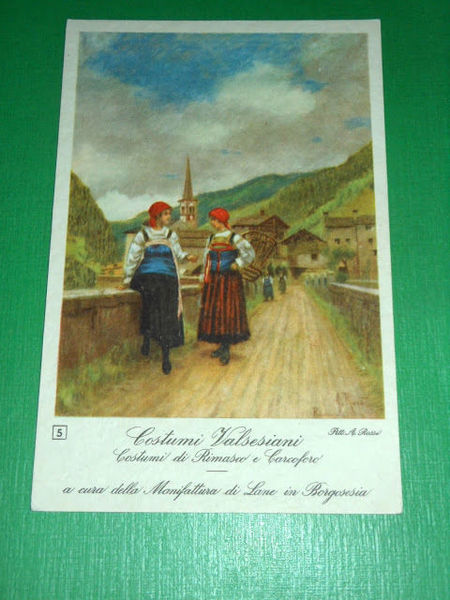 Cartolina Costumi Valsesiani Rimasco e Carcoforo Manifattura di Lane Borgosesia