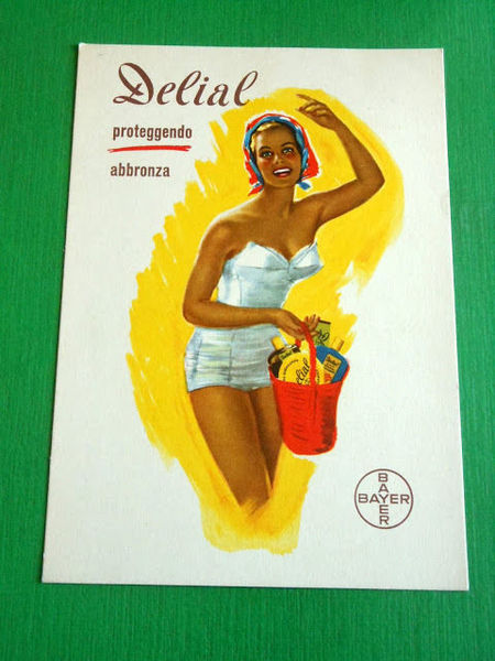 Cartolina Pubblicità Bayer - Protezione solare Delial 1950 ca. #1