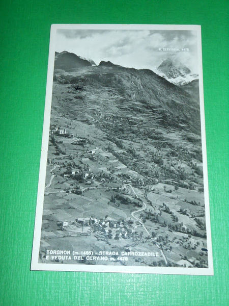 Cartolina Torgnon - Strada carrozzabile e veduta del Cervino 1949