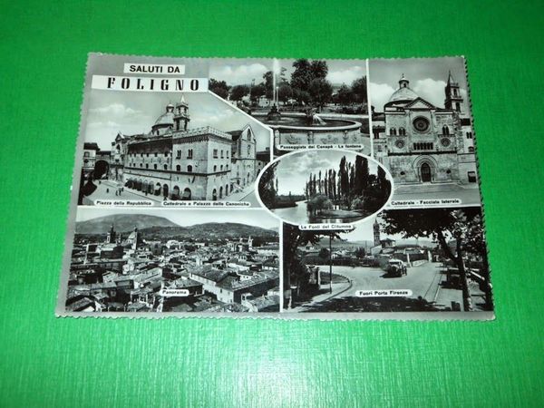 Cartolina Saluti da Foligno - Vedute diverse -- 1956