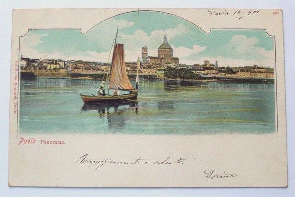 Cartolina Pavia - Panorama della città 1901