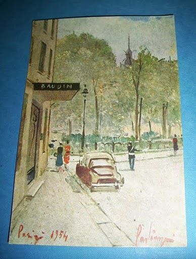 Cartolina dipinta Parigi - Hotel Baudin 1954
