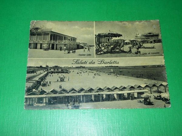 Cartolina Saluti da Barletta - Spiaggia - Vedute diverse 1952.