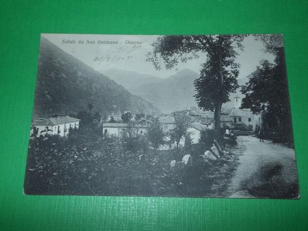 Cartolina Saluti da San Germano Chisone - Scorcio panoramico 1907.