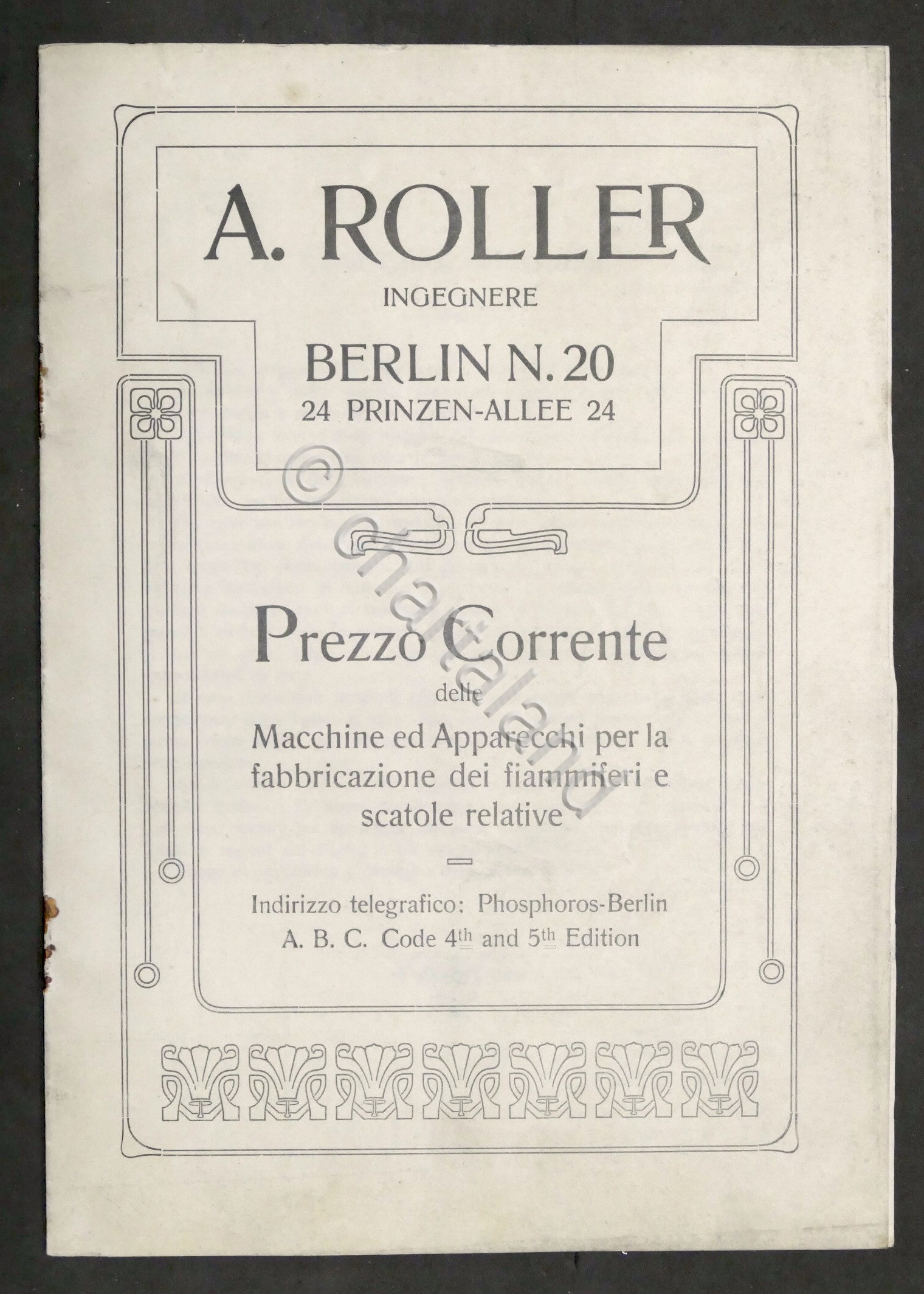 A. Roller Listino Prezzi Macchine e Apparecchi Fabbricazione Fiammiferi anni …