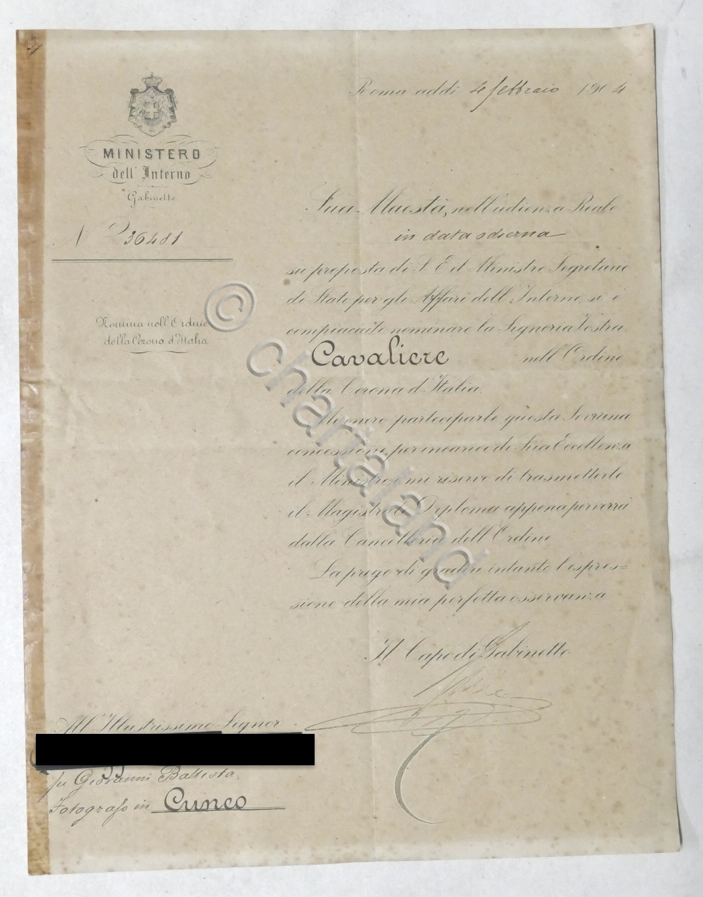 Araldica - Lettera per nomina a Cavaliere nell'Ordine della Corona …