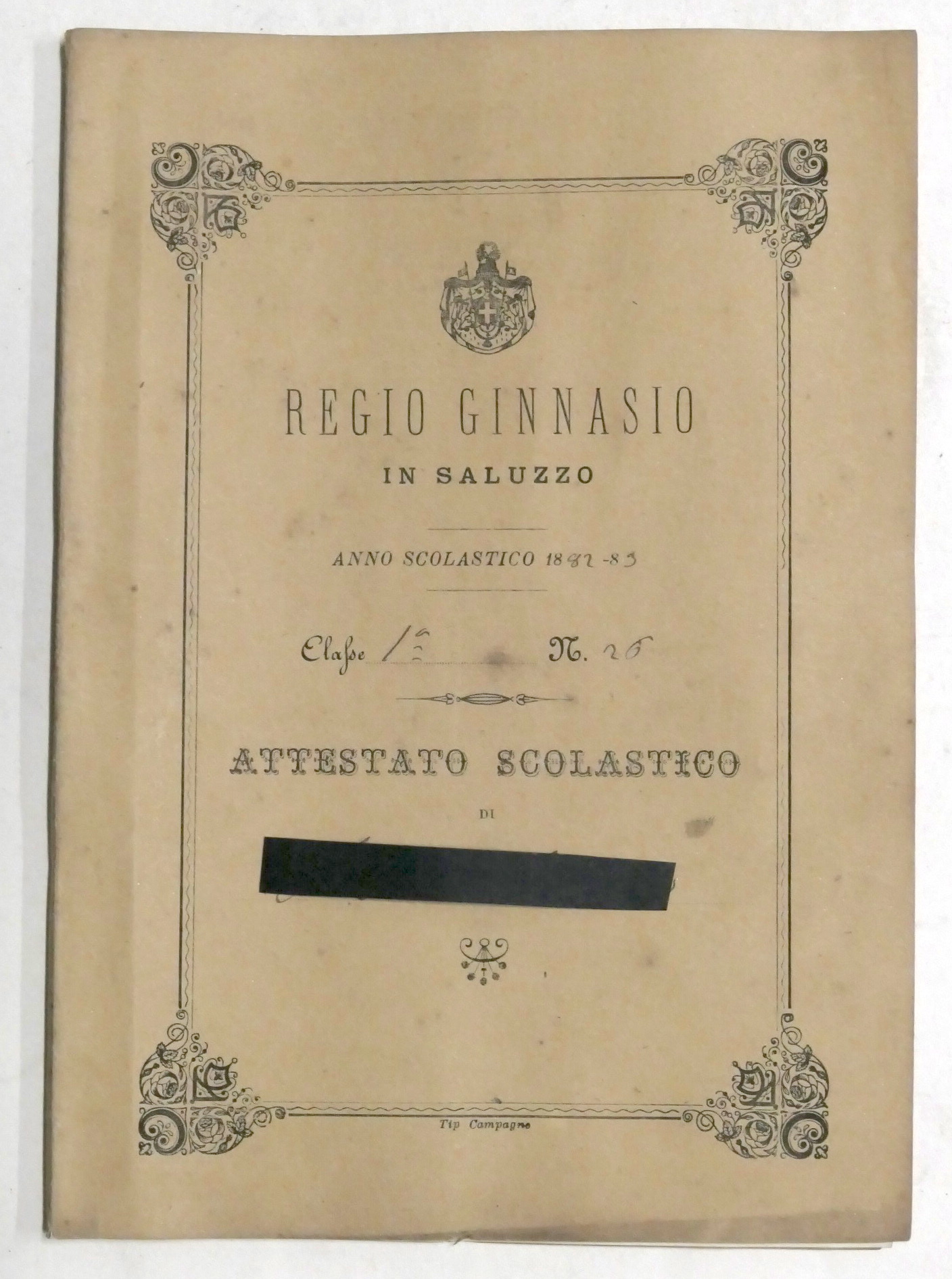 Attestato Scolastico Regio Ginnasio in Saluzzo - Classe 1^ - …