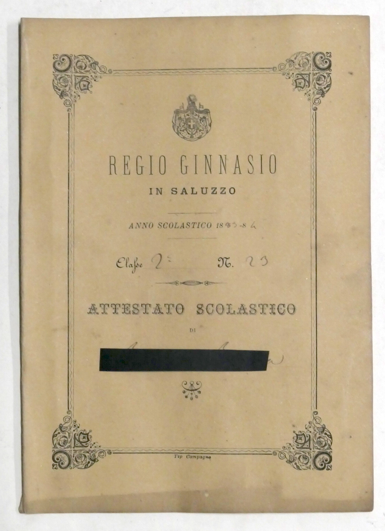 Attestato Scolastico Regio Ginnasio in Saluzzo - Classe 2^ - …