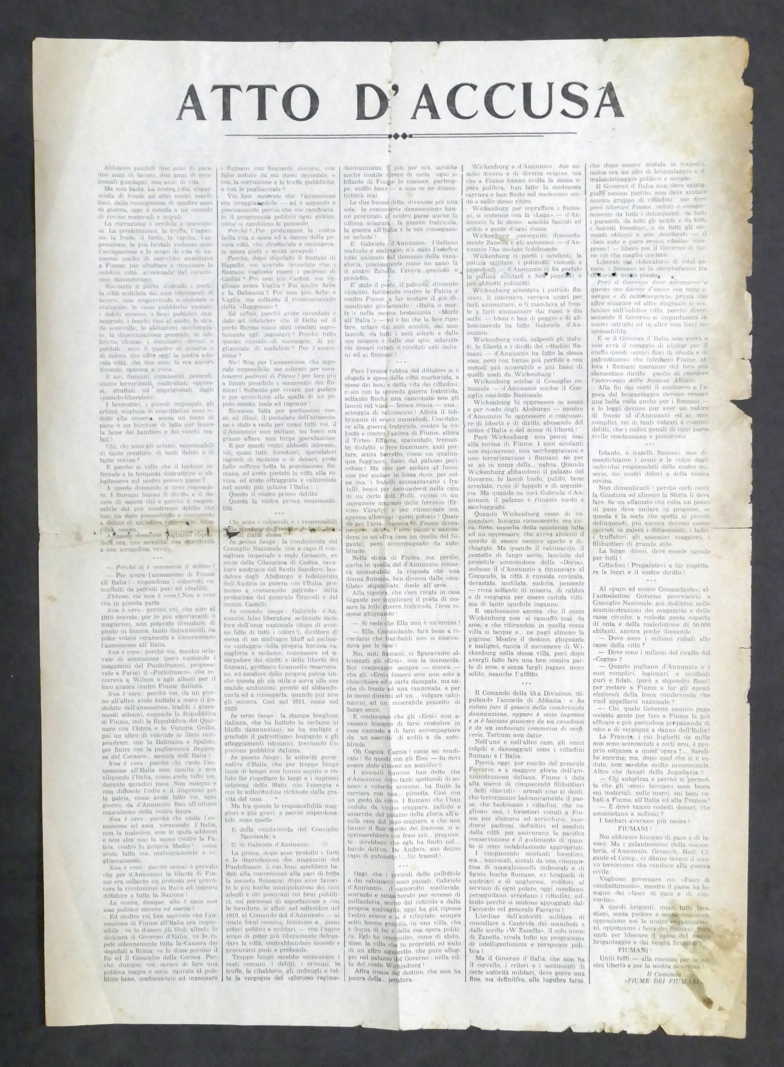 Atto d'Accusa - Volantino Città di Fiume - anni '20