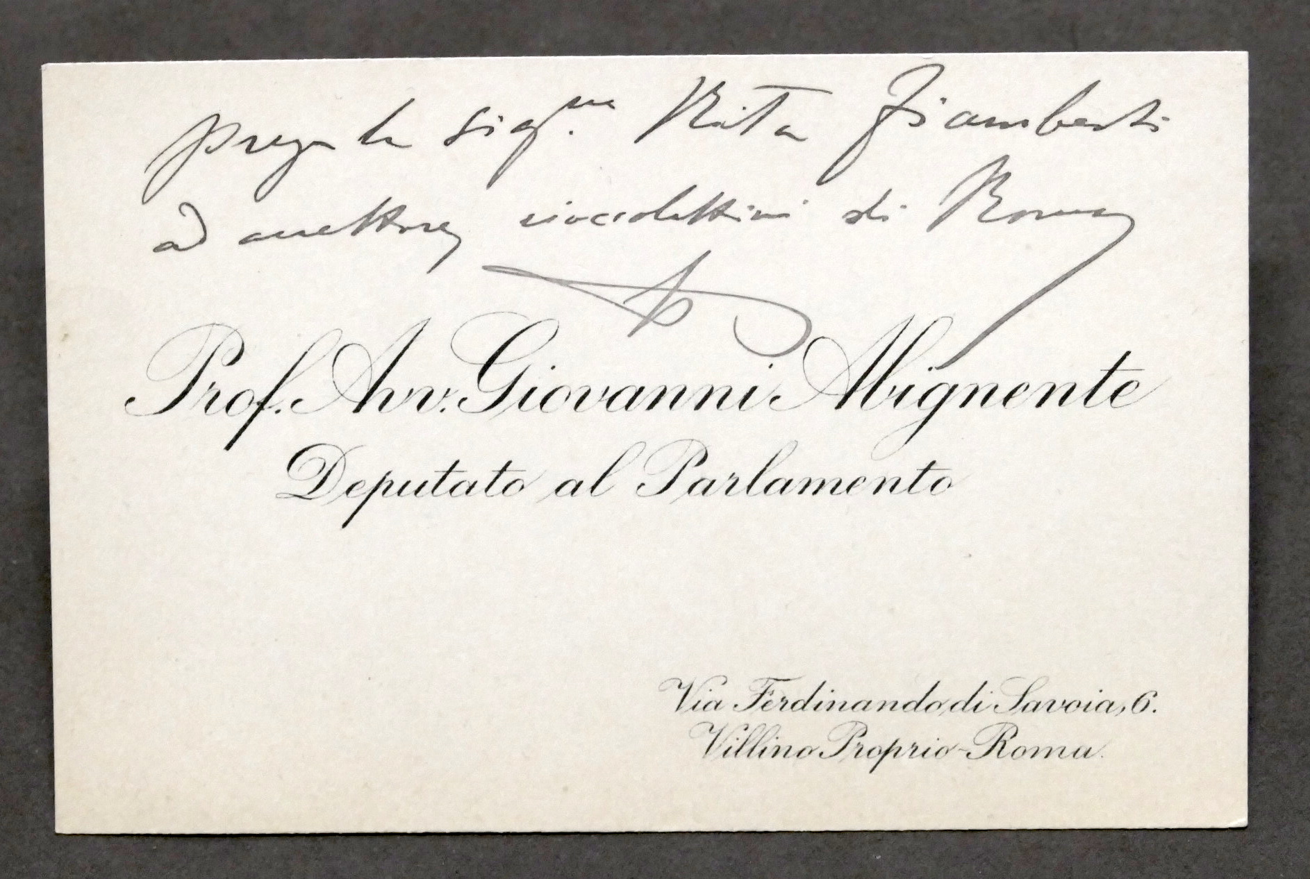 Biglietto con autografo del deputato Giovanni Abignente - inizio '900