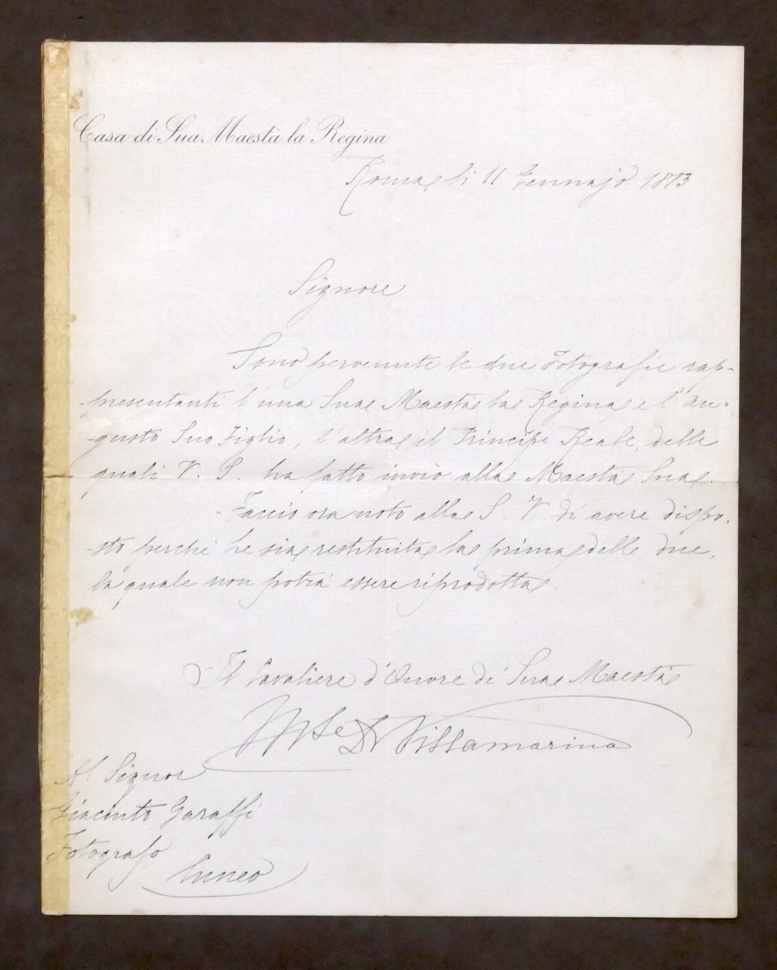 Autografo Emanuele Pes di Villamarina Cavaliere d'Onore di Sua Maestà …