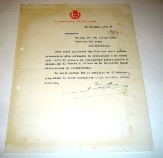 Autografo Lettera Guido Pesenti Podestà Milano 1936