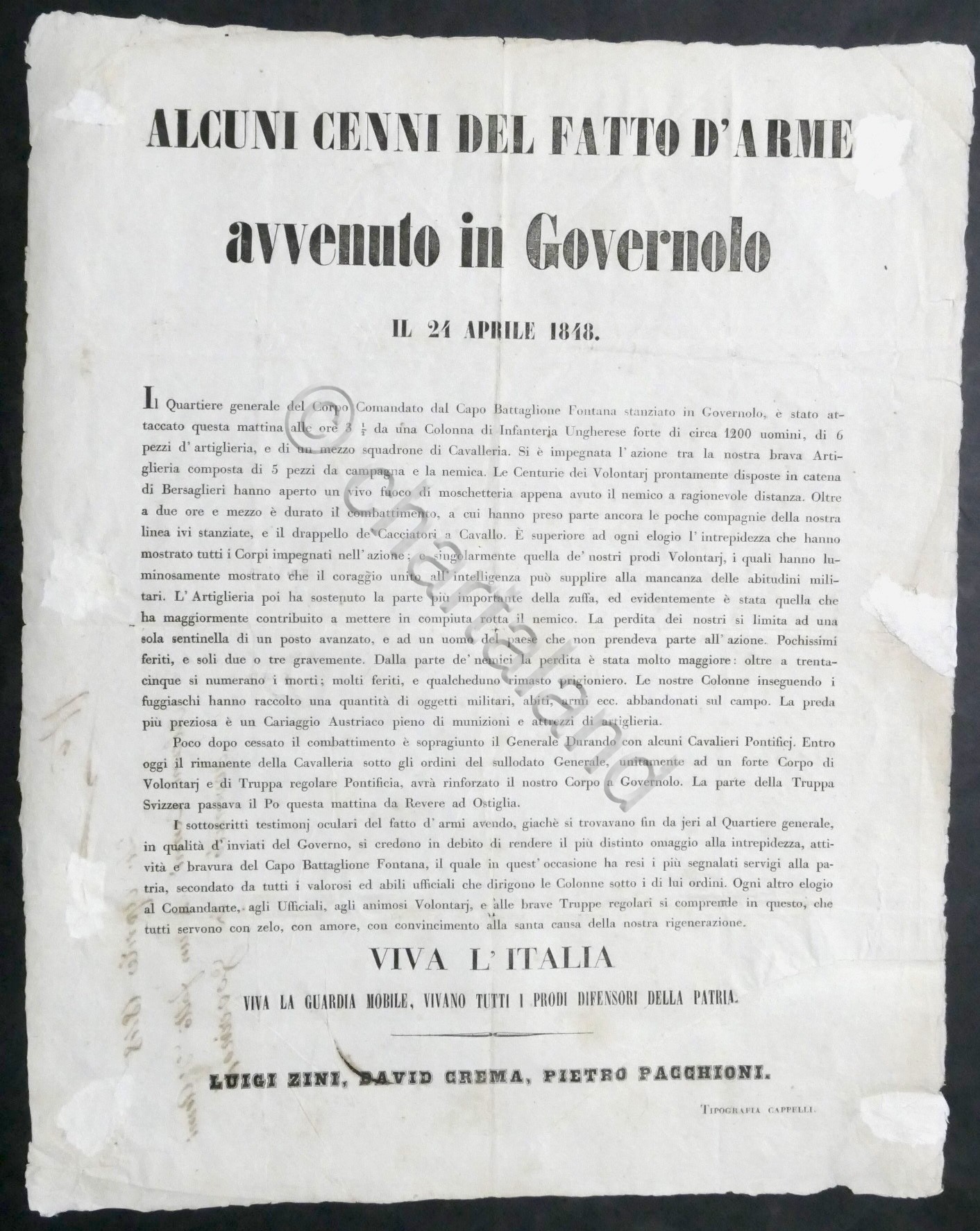 Avviso fatto d'arme avvenuto a Governolo - Battaglia contro austriaci …