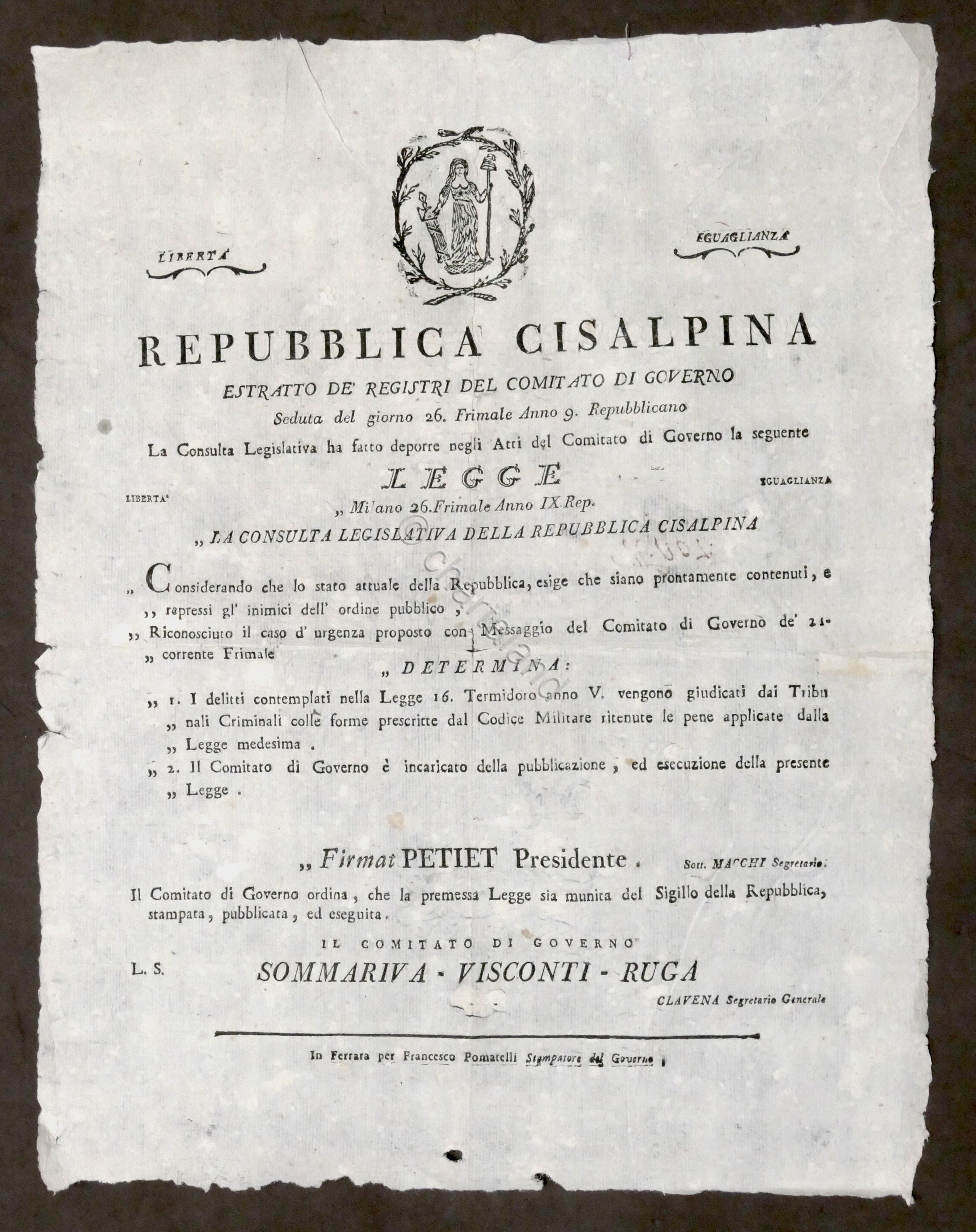 Avviso Repubblica Cisalpina Legge delitti giudicati da Tribunali Criminali 1806