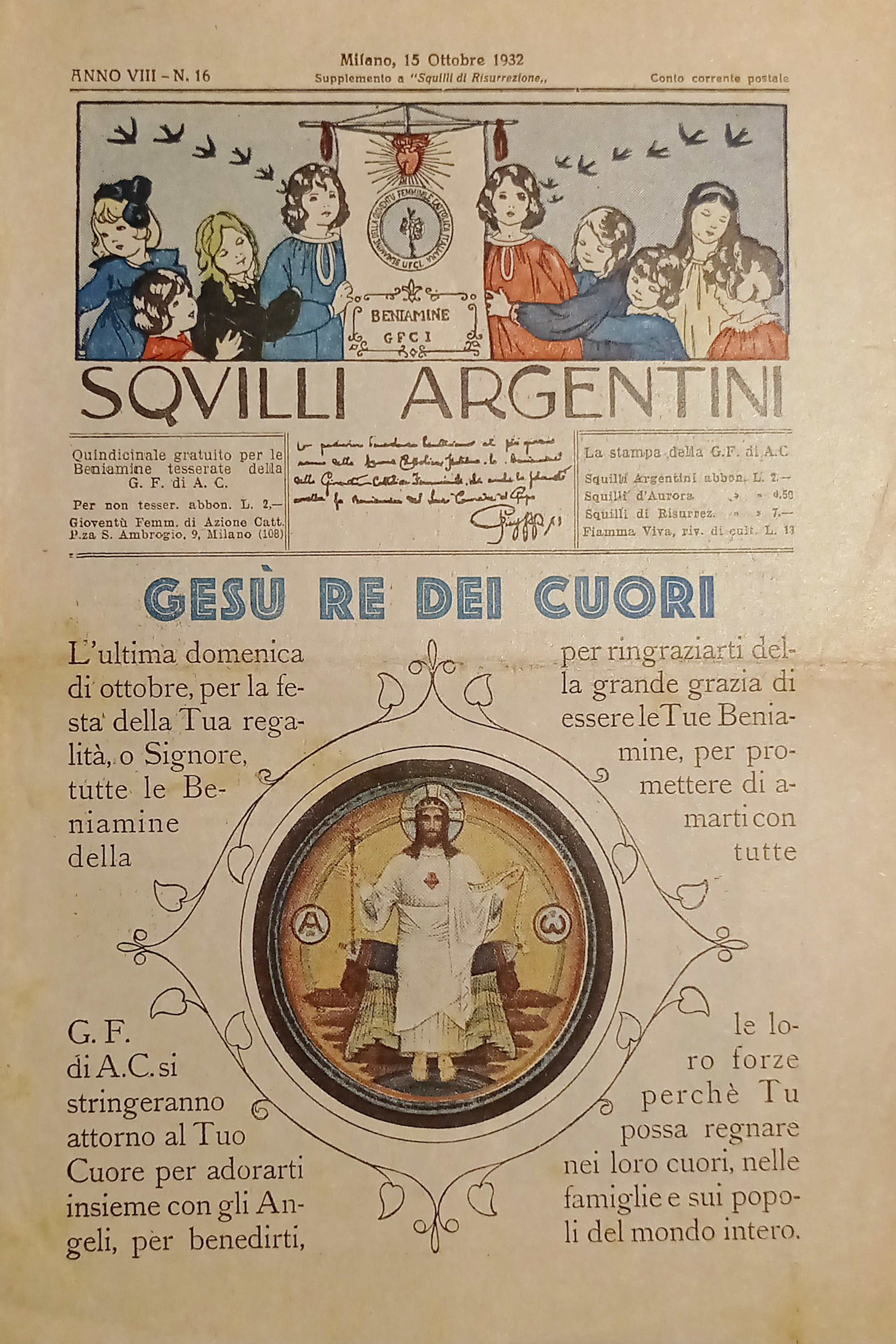 Azione Cattolica - Squilli Argentini N. 16 - 1932 Gesù …