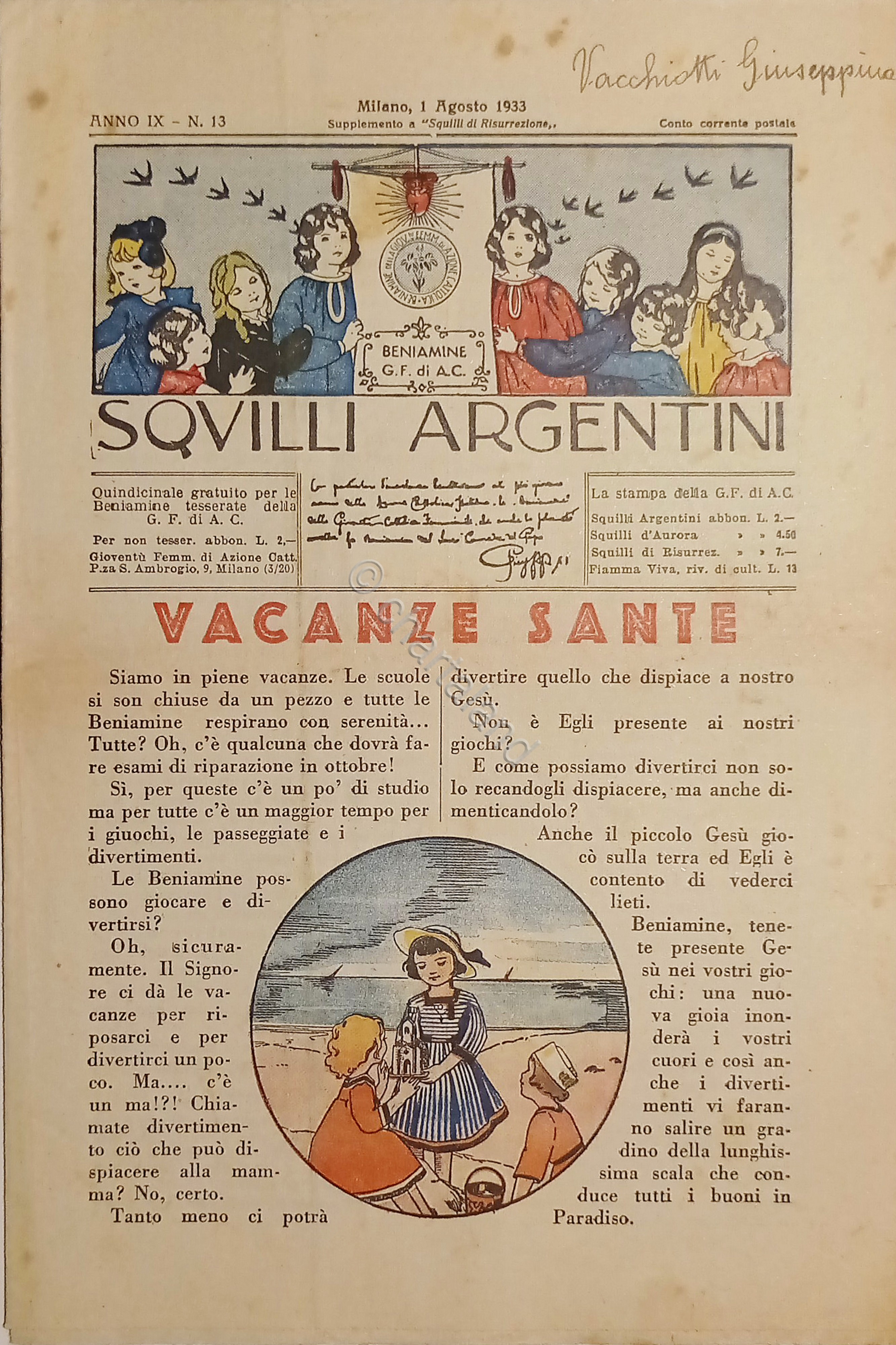 Azione Cattolica Milano - Squilli Argentini N. 13 - 1933 …