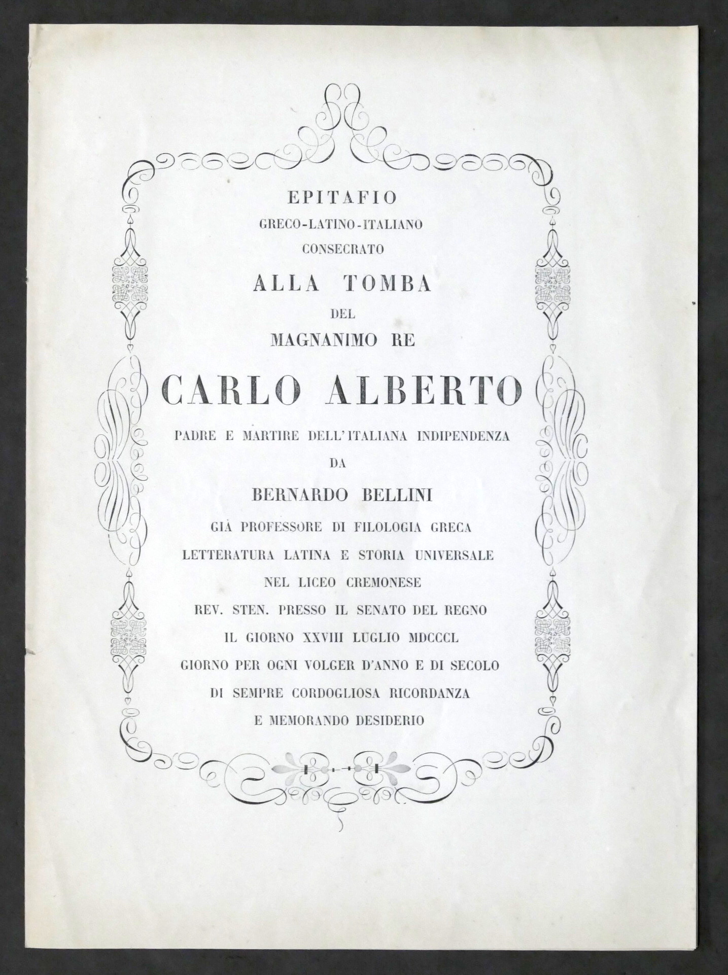 B. Bellini - Epitafio consecrato alla tomba del magnanimo Re …