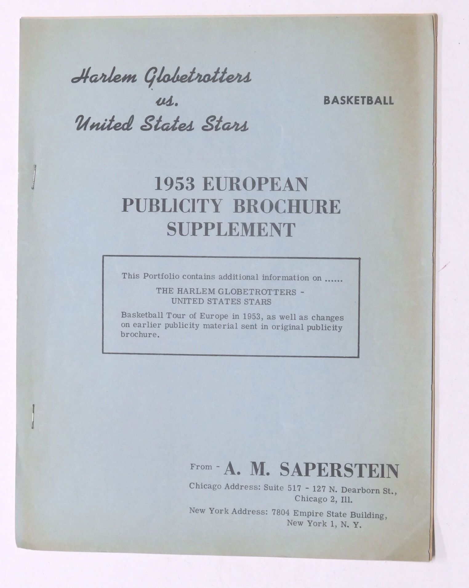 Basket Harlem Globetrotters - 1953 European Publicity Brochure Supplement