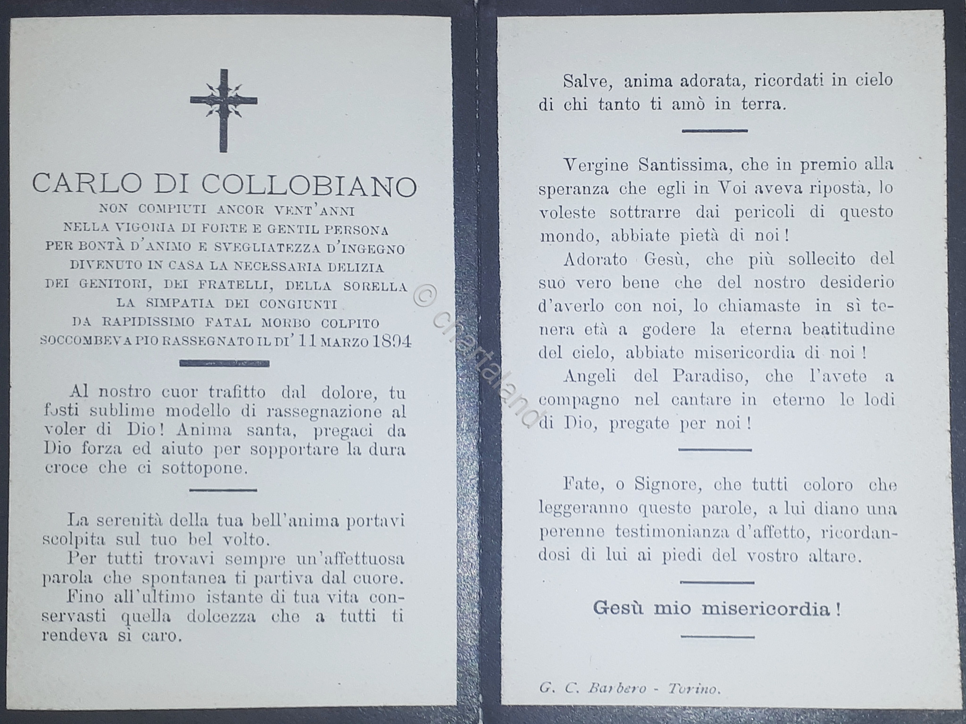 Biglietto Commemorativo - Carlo di Collobiano - 11 Marzo 1894