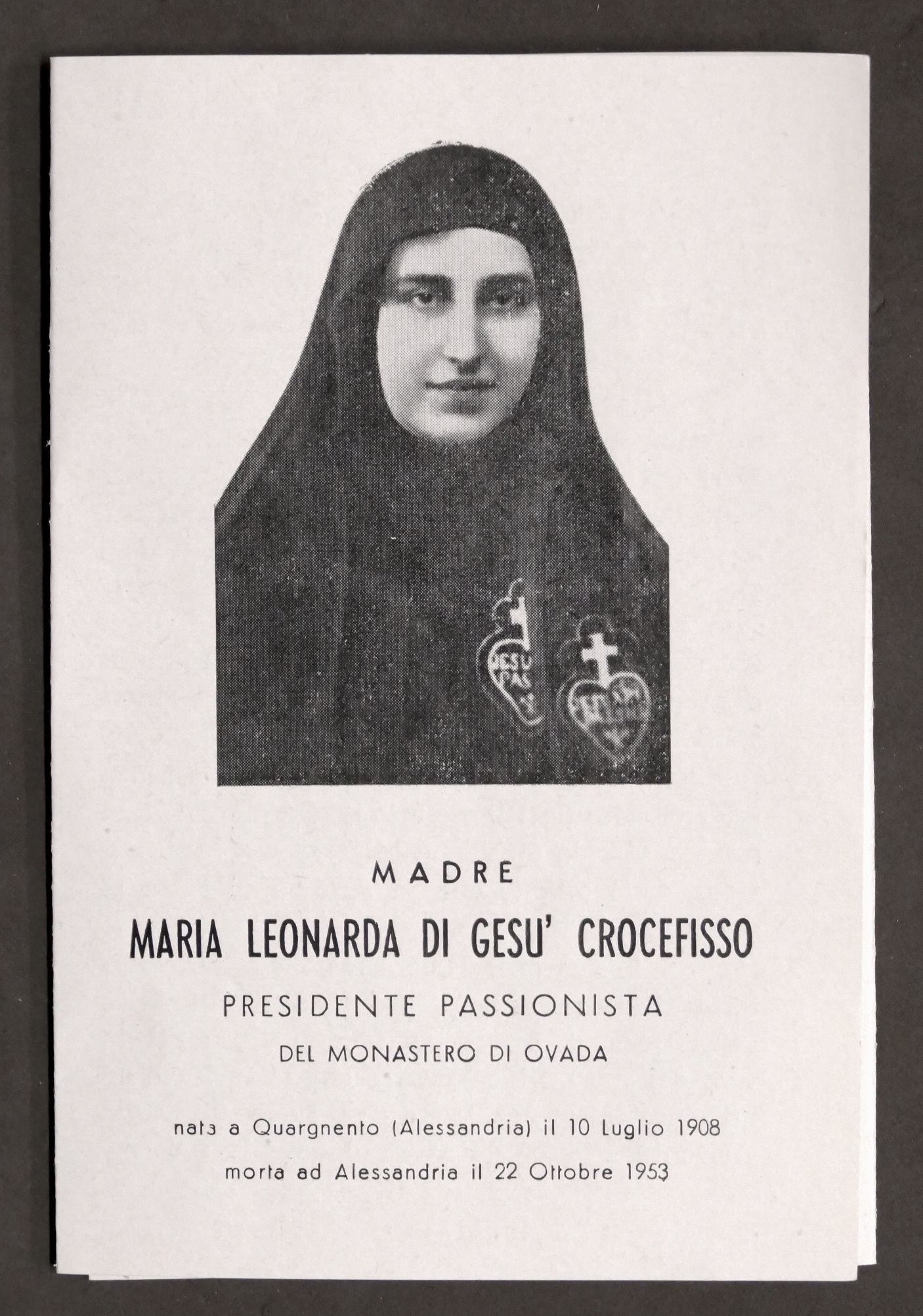 Biglietto Commemorativo Venerabile Madre Maria Leonarda Passionista 1953