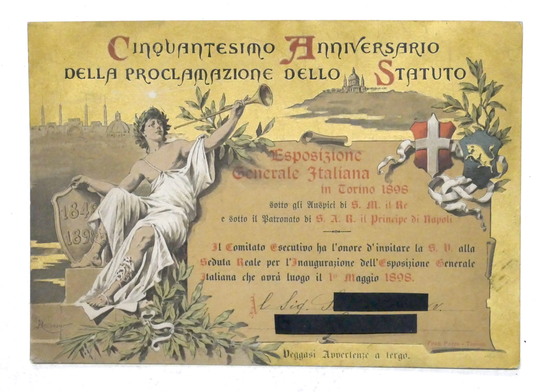 Biglietto invito Cinquantesimo anniversario proclamazione dello Statuto - 1898