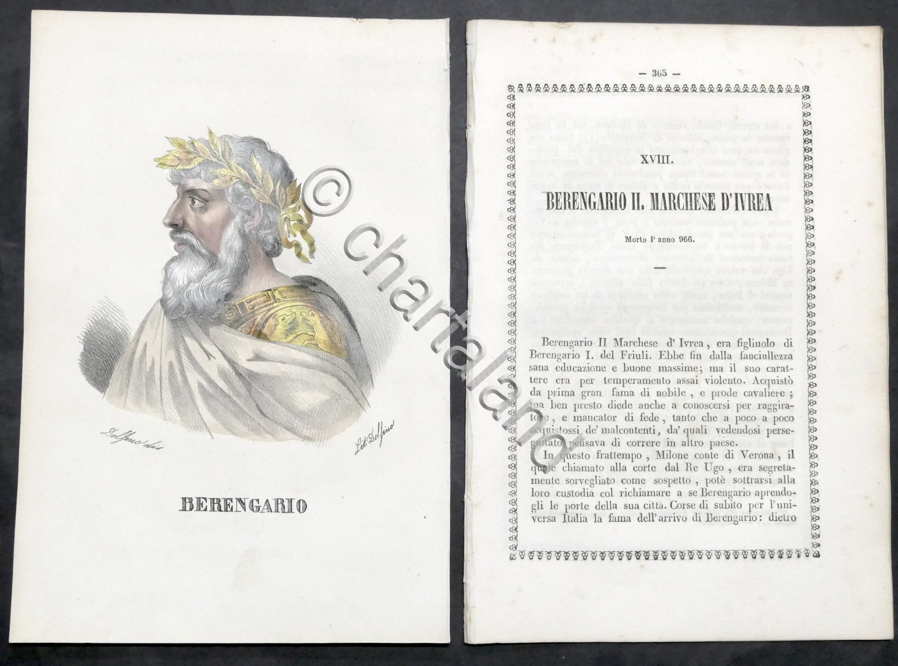 Biografia e stampa di Berengario II marchese d'Ivrea - 1842
