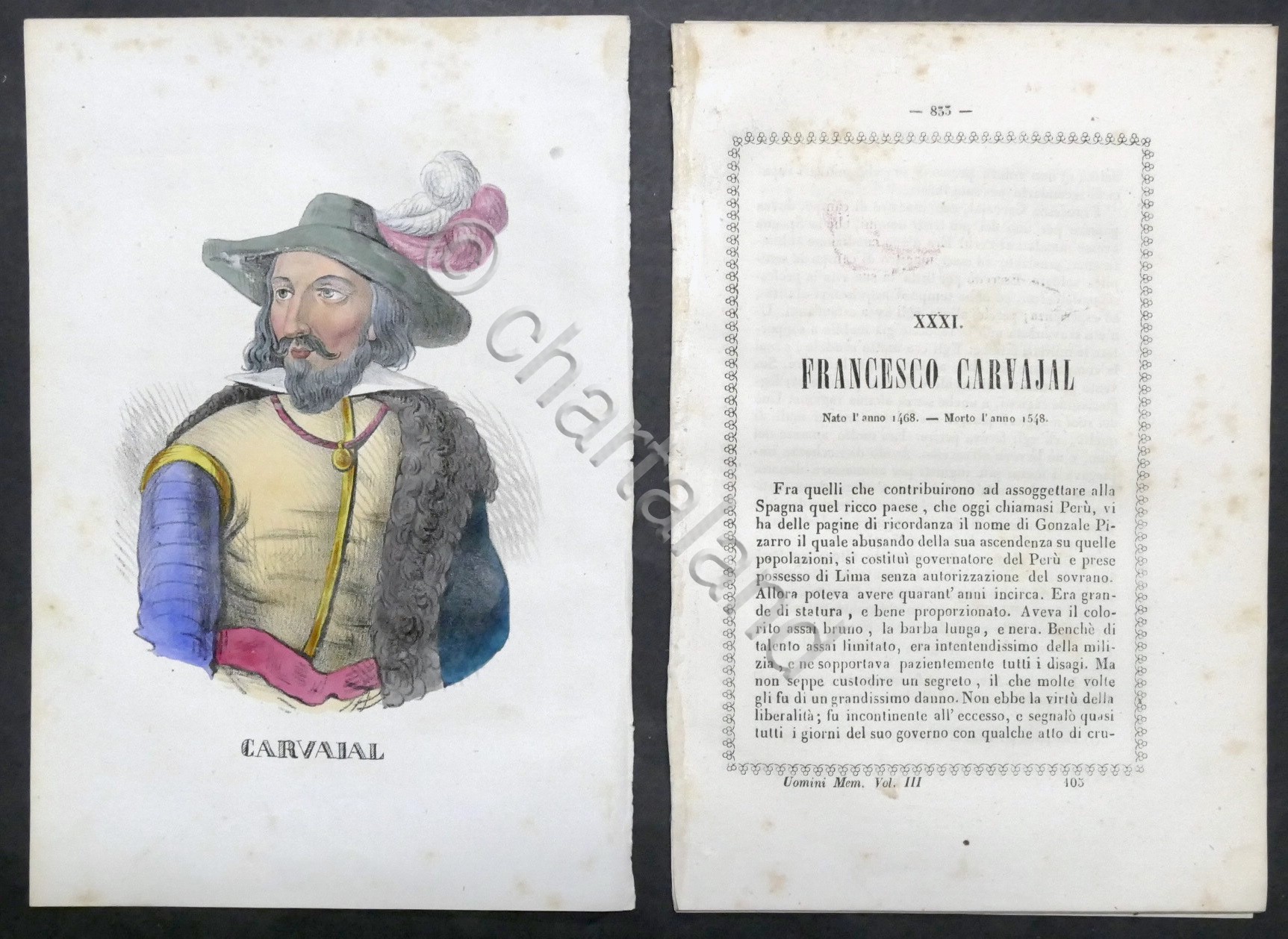 Biografia e stampa di Francesco Carvajal - 1848