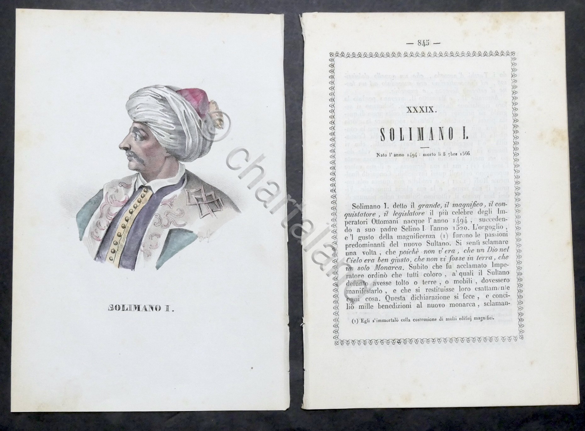 Biografia e stampa di Solimano I Imperatote Ottomano - 1843