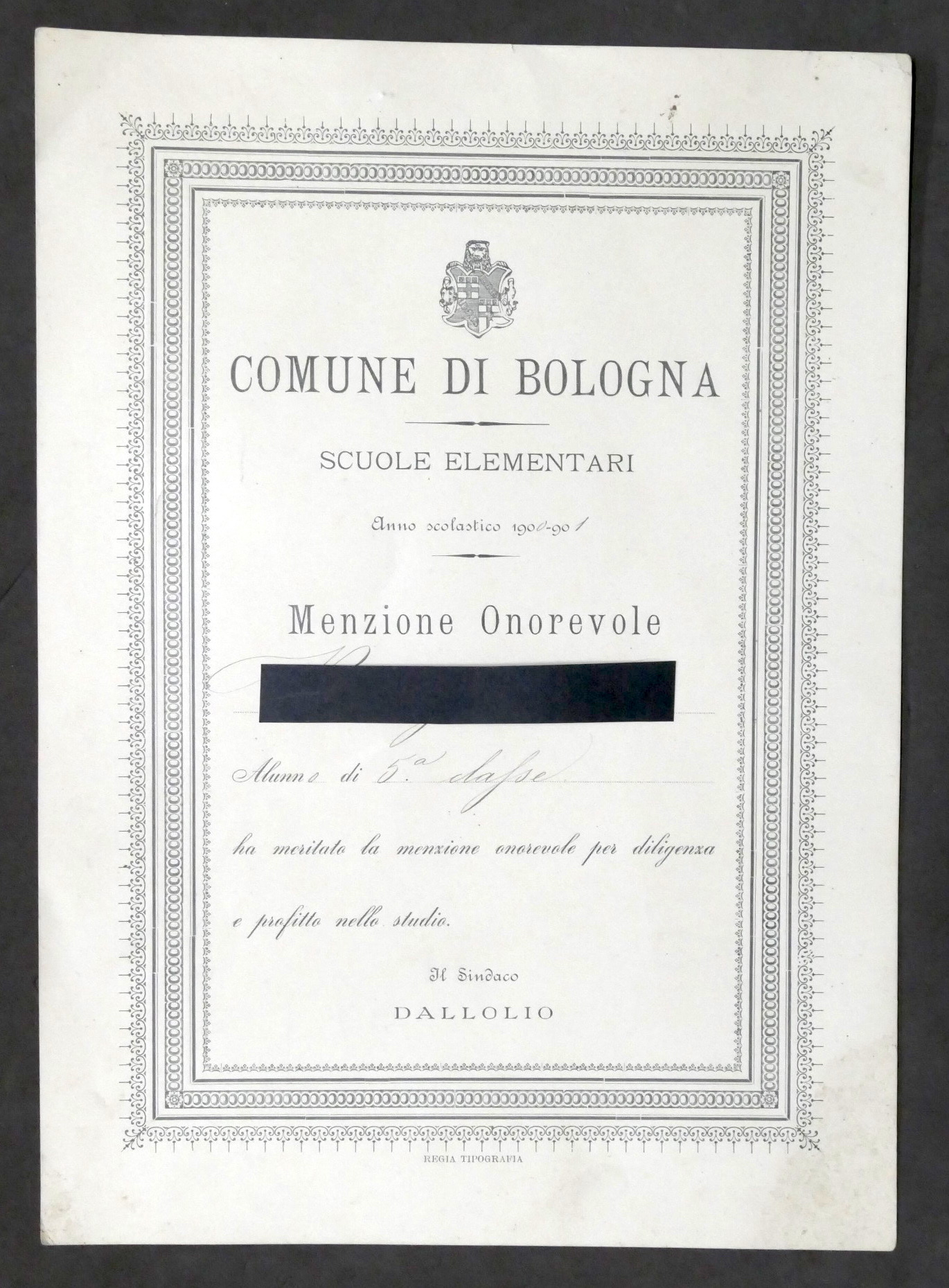 Bologna - Scuole Elementari - Diploma di Menzione Onorevole - …