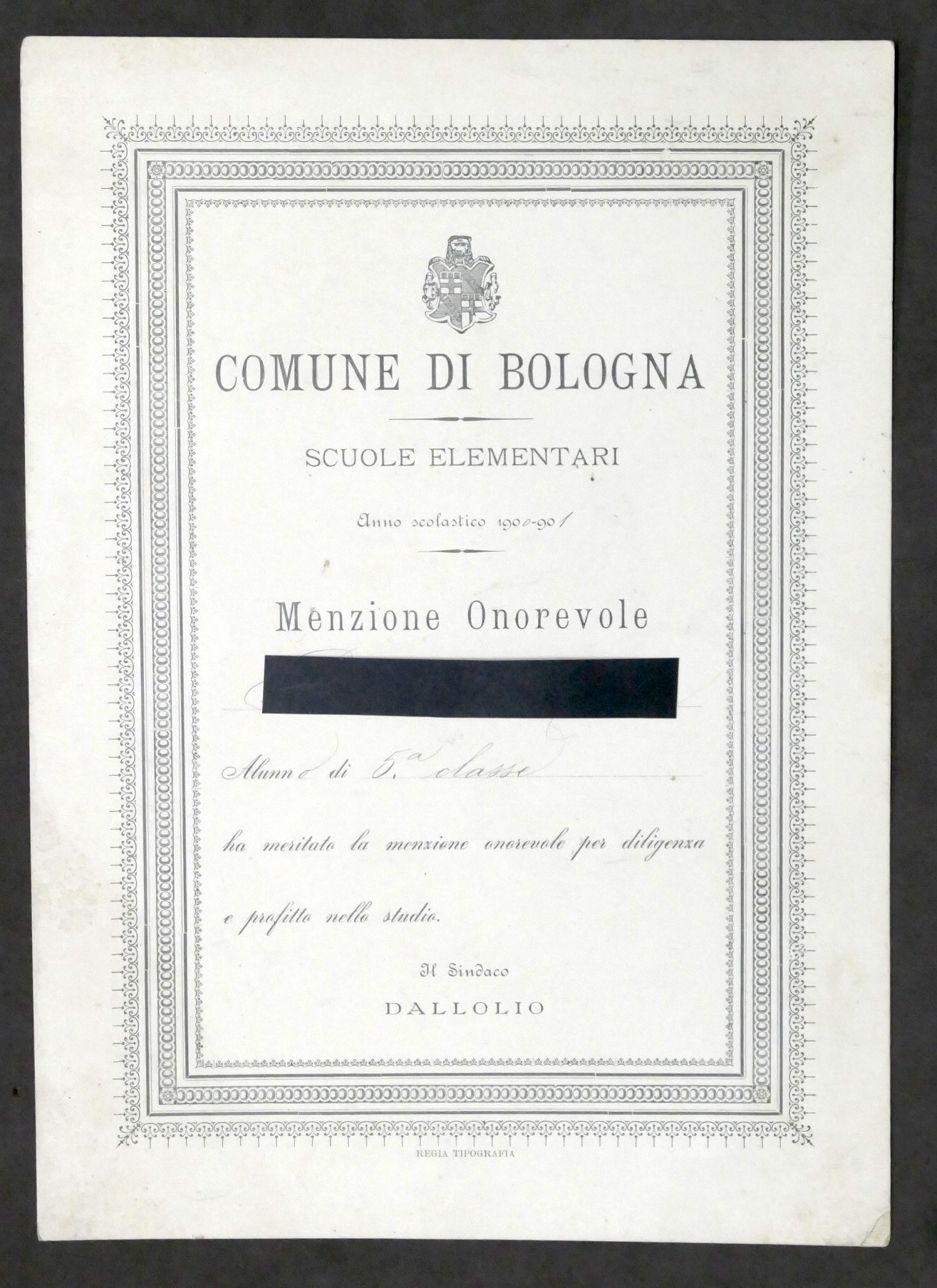 Bologna Scuole Elementari - Diploma di Menzione Onorevole - Anno …