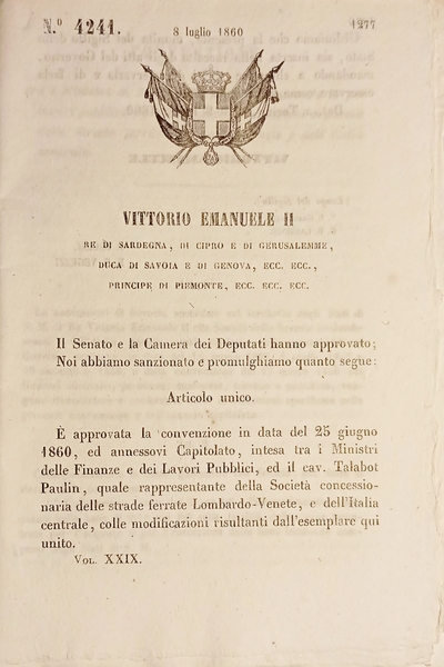 Decreto Regno Sardegna - Convenzione Società Ferrovie Lombardo-Venete 1860