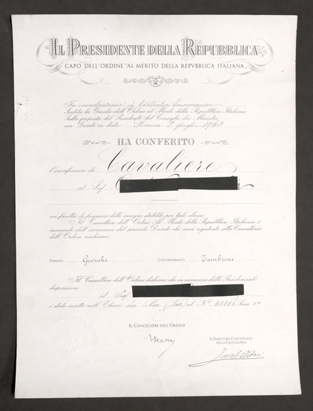 Attestato Onorificenza Cavaliere Ordine al Merito della Repupplica Italiana 1960