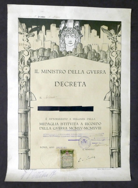 WWI Decreto concessione medaglia ricordo della guerra 1915-1918 - Luglio …