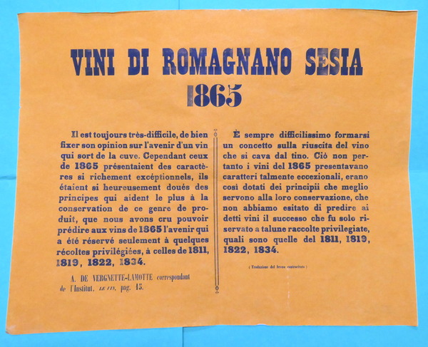 Manifesto pubblicitario - Vini di Romagnano Sesia - 1865