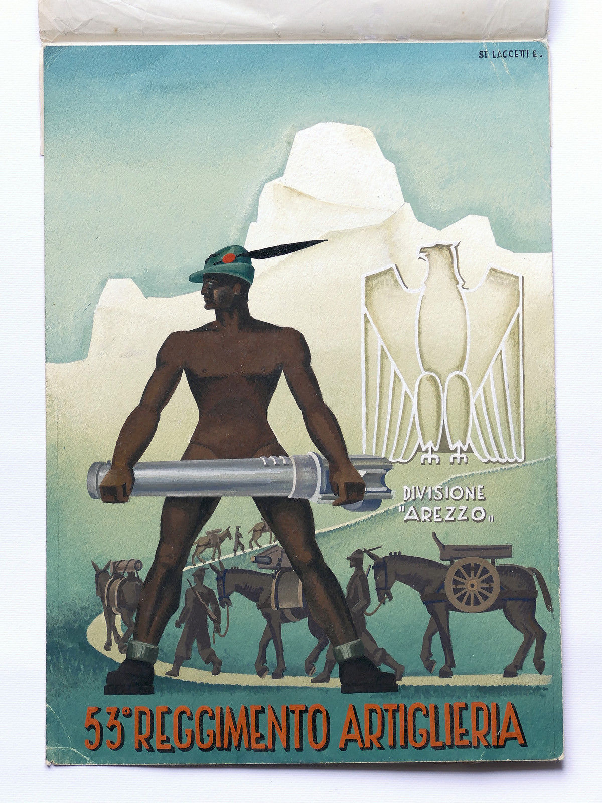 Bozzetto originale illustratore Laccetti 53° Reggimento Artiglieria Alpini 1940