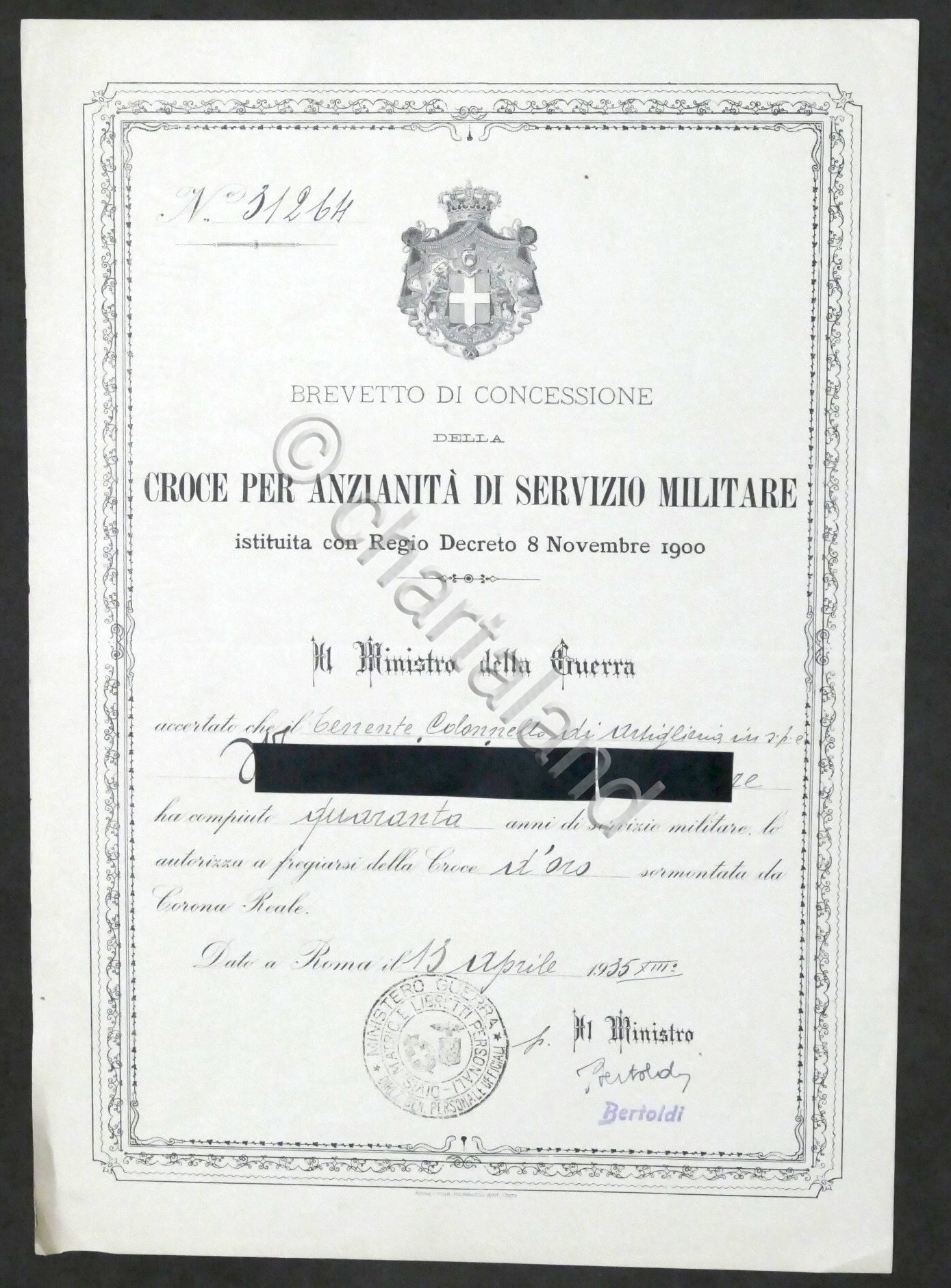 Brevetto di Concessione della Croce per Anzianità di Servizio Militare …
