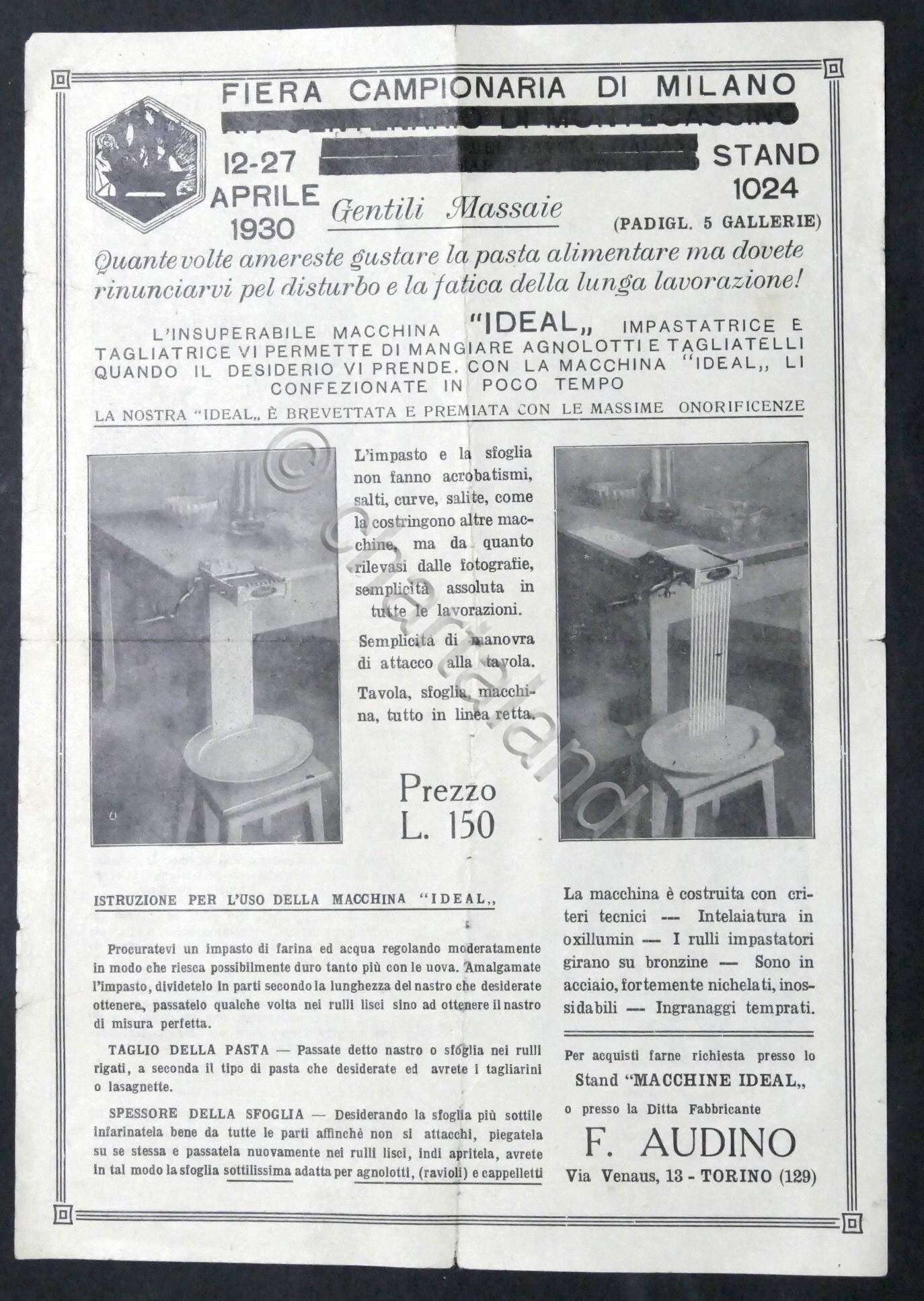 Brochure Ditta F. Audino - Macchina impastatrice Ideal - 1930
