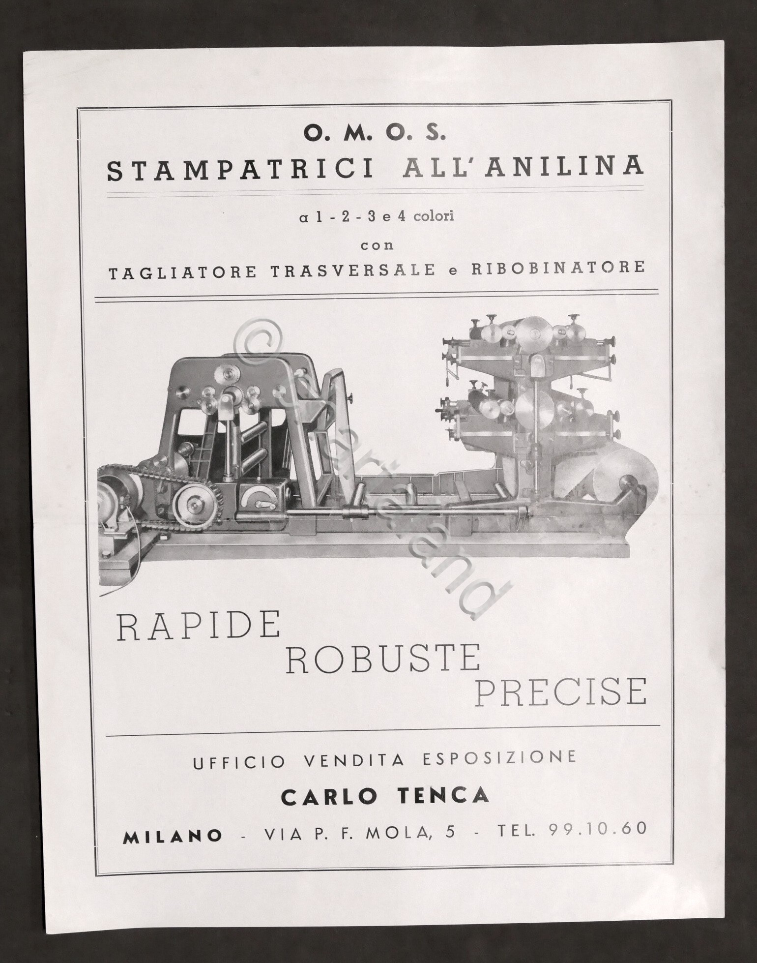 Brochure O.M.O.S. Stampatrici all'anilina con tagliatore e ribobinatore anni '60
