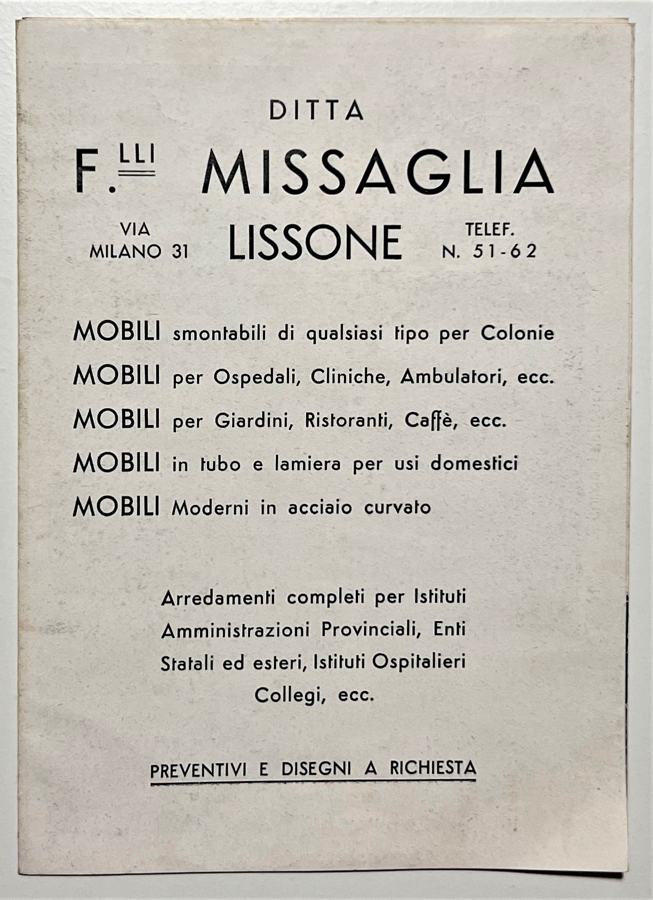 Brochure Pubblicità - Mobili Metallici di Fr. Missaglia - Lissone …