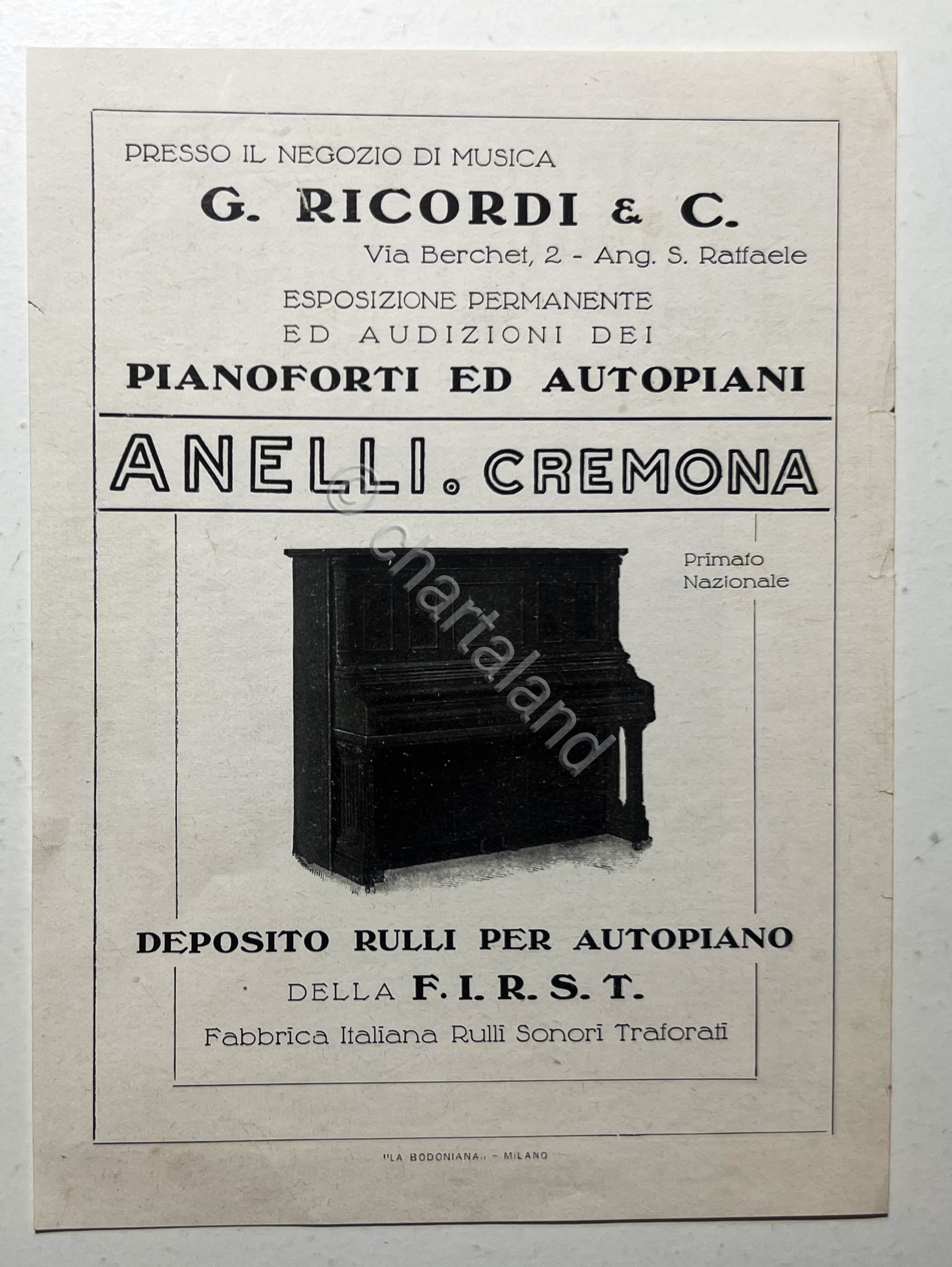 Brochure Pubblicità G. Ricordi & C. - Pianoforti ed Autopiani …