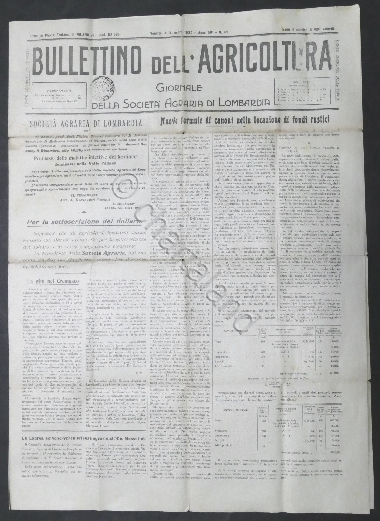 Bullettino dell'Agricoltura N. 49 - 1925 - Laurea ad honorem …