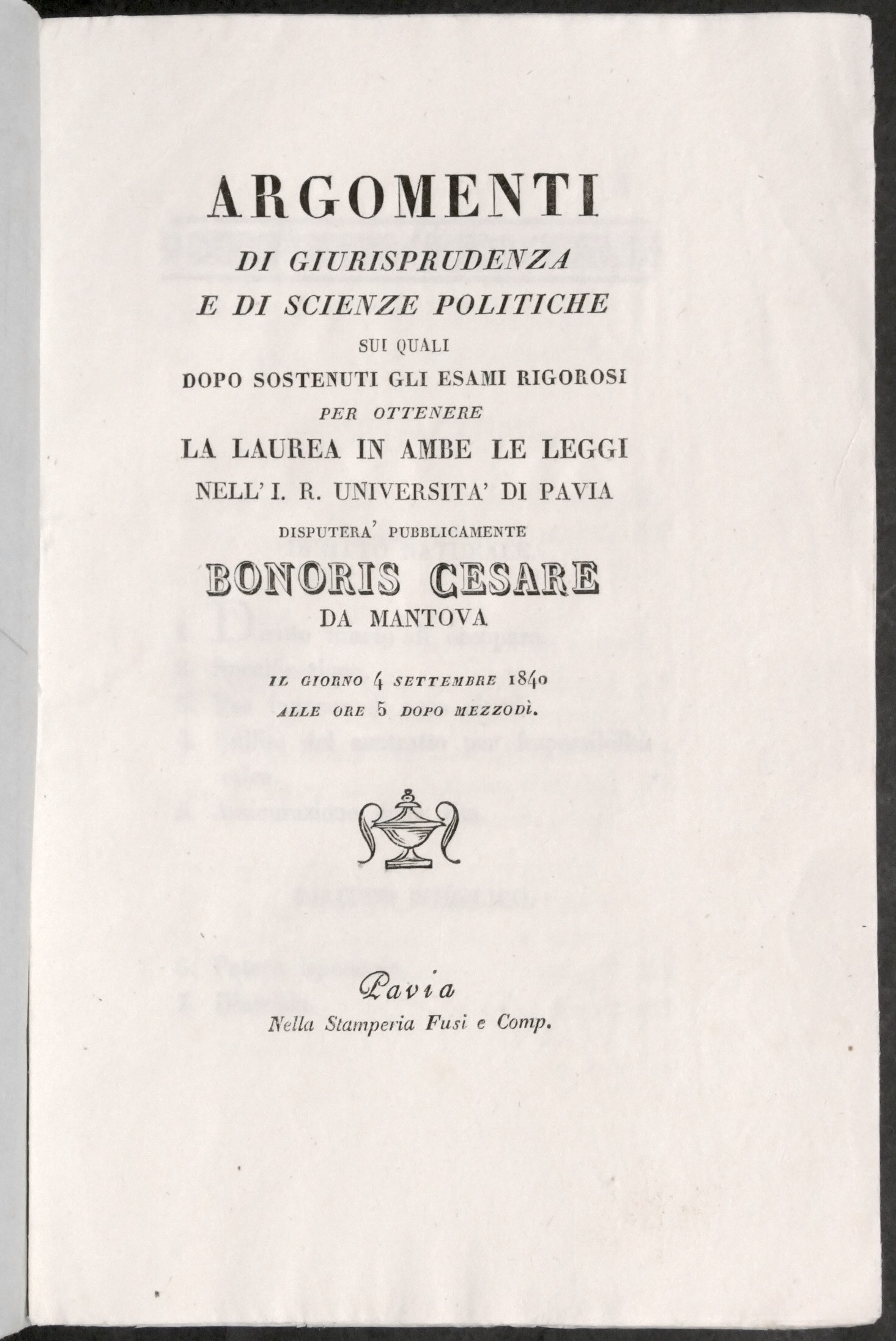 C. Bonoris - Argomenti Giurisprudenza Discussione Laurea Università Pavia 1840