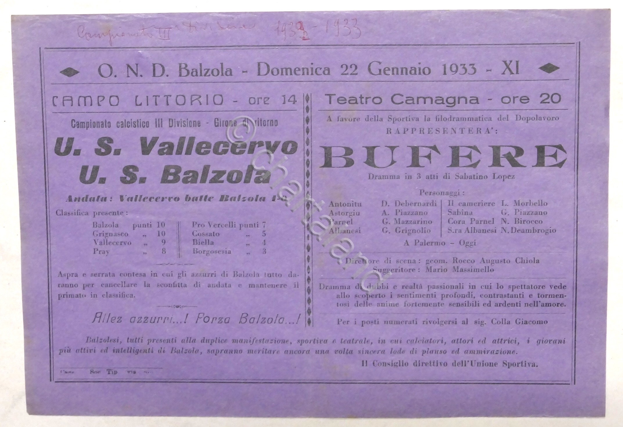 Calcio - Locandina partita 3^ Divisione - U.S. Vallecervo - …