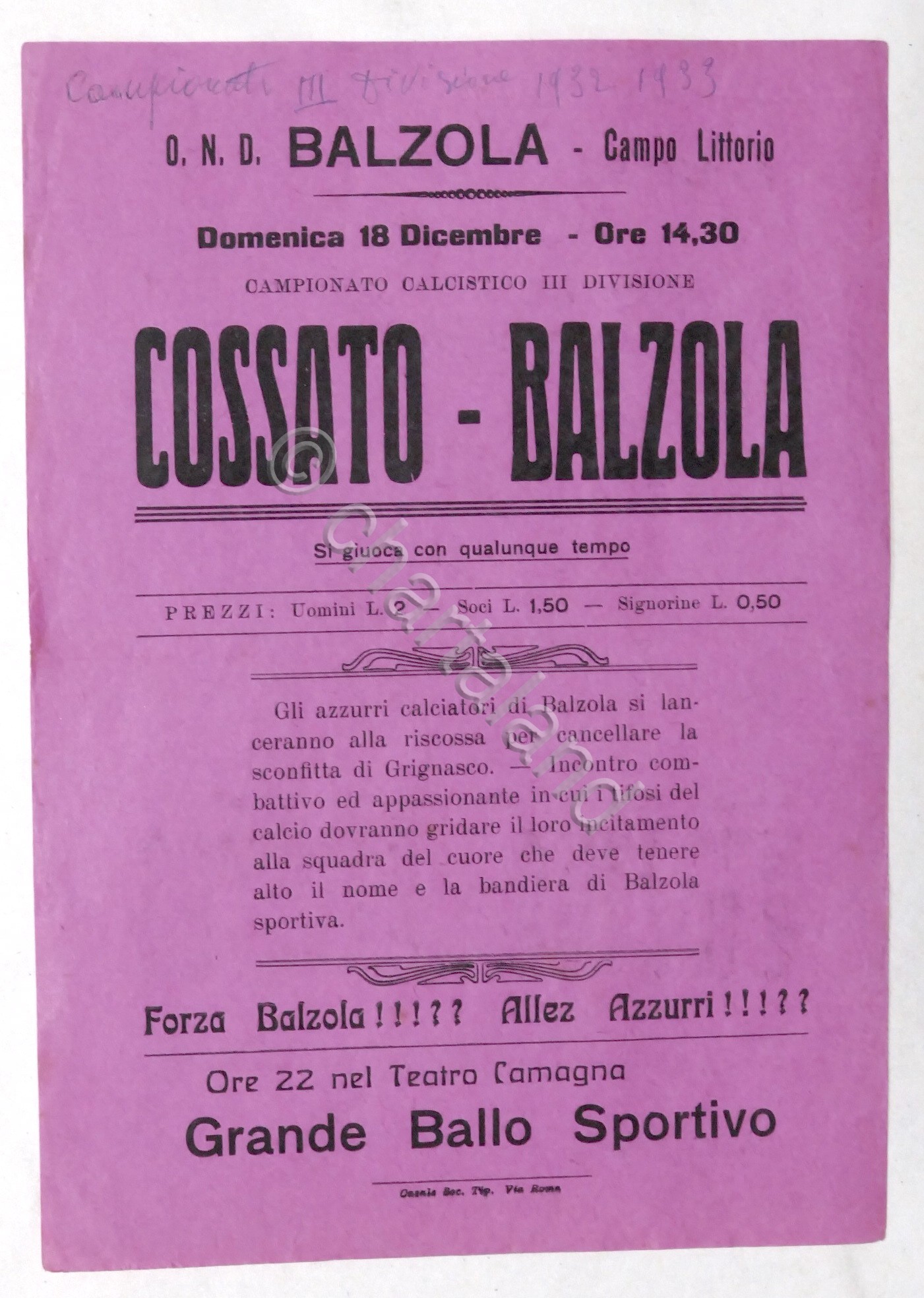 Calcio Locandina partita 3^ Divisione - Cossato - U.S. Balzola …