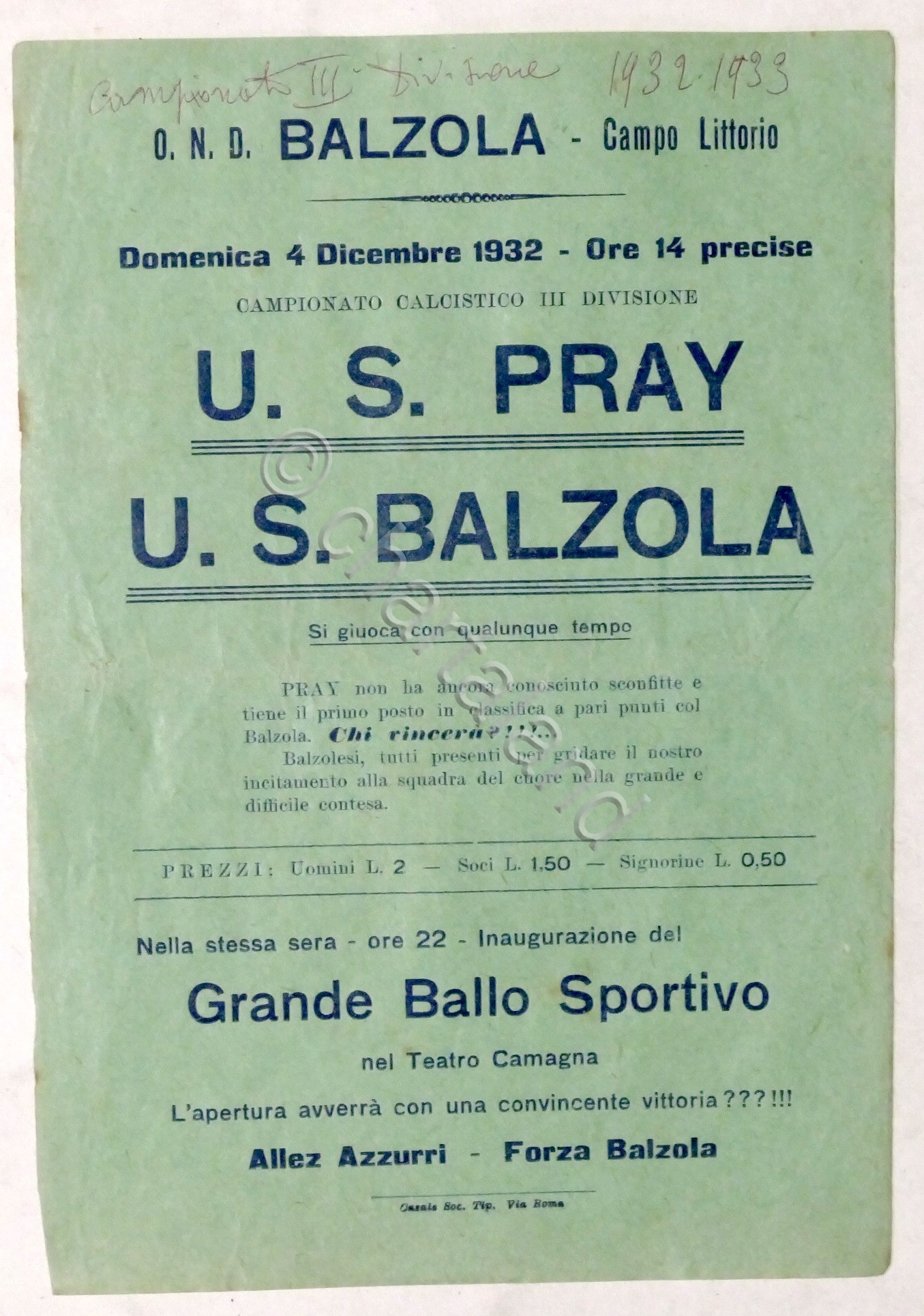Calcio Locandina partita 3^ Divisione - U.S. Pray - U.S. …