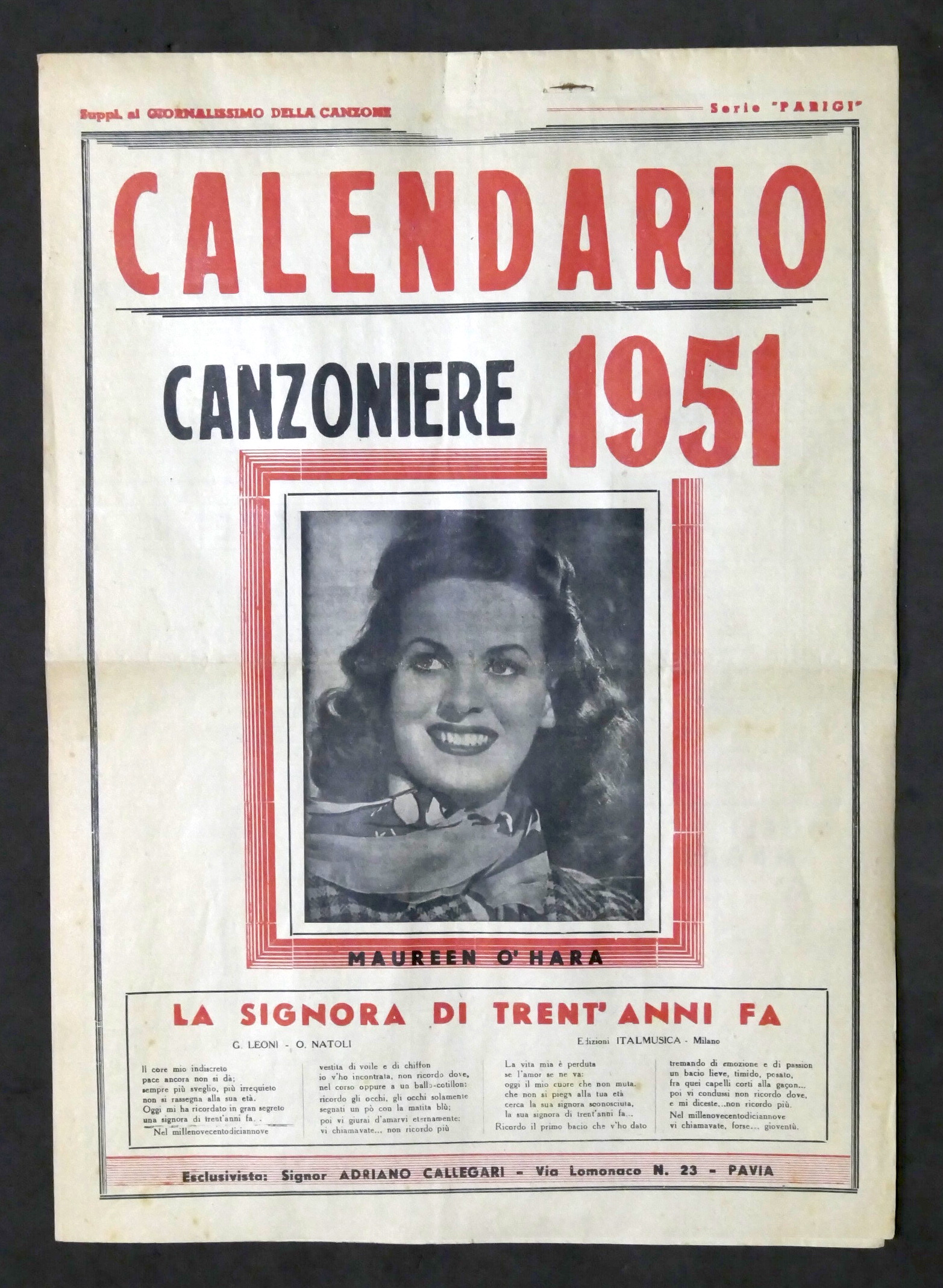 Calendario Canzoniere 1951 - Supplemento al Giornalissimo della Canzone