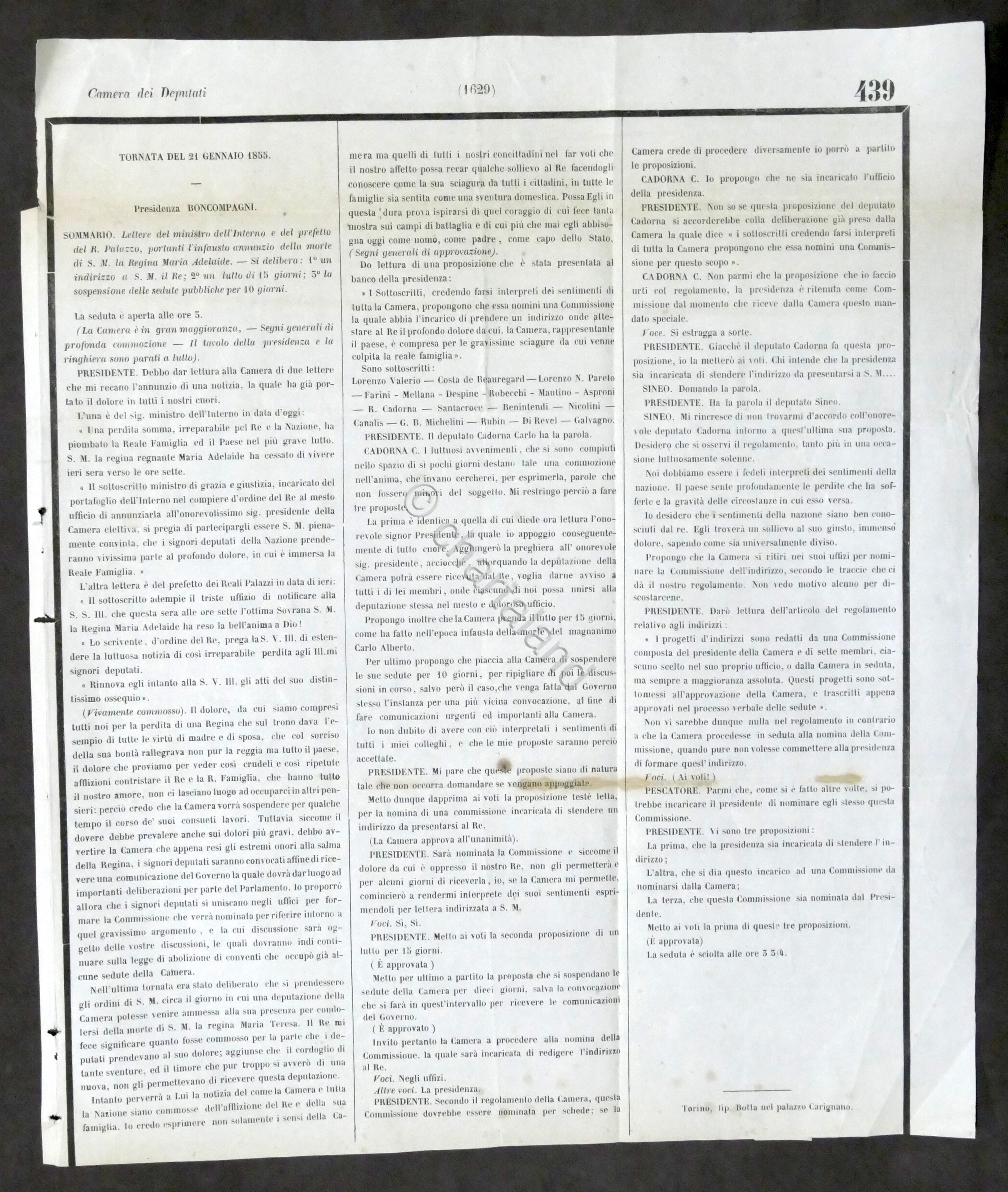 Camera Deputati 21 Gennaio 1855 Sommario: lettere morte Regina Maria …